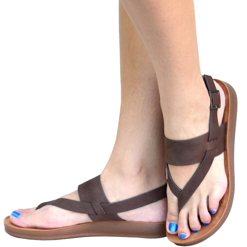 New Women Brown Comfy Sole Thong Single Band Strap Sling Flat Sandals